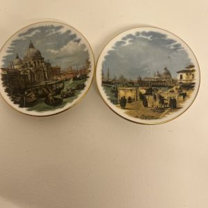 Pair Vintage Crown Staffs England Venice Scene Wall Plates Gilt Edge