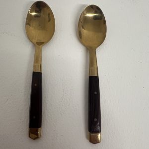 Vintage Brass Teaspoons Pair Wooden Handles Retro Mid Century