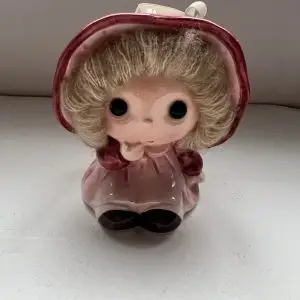 Vintage Ceramic Girl Head Vase Pomander Pink Bonnet Kitsch Japan Style