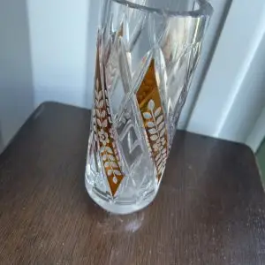 Cut Crystal Vase Amber Panel Floral Etched Bohemian Style Heavy Glass